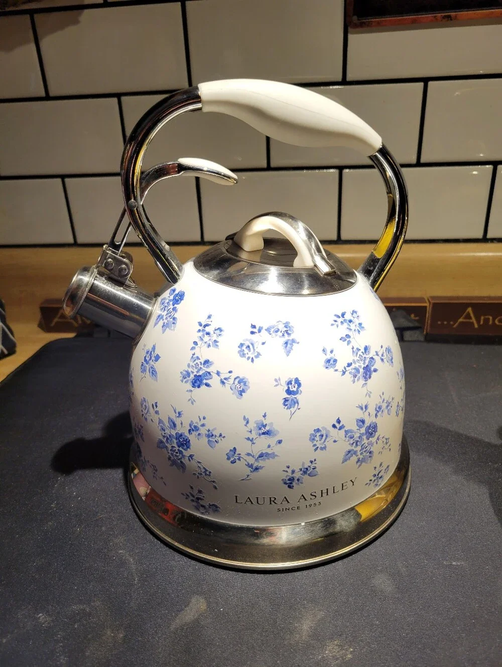 Laura Ashley China Rose Whistling Tea Kettle 10 Cup Stainless Steel Stovetop